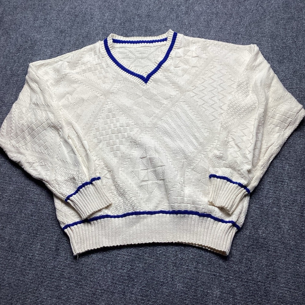 Vintage McBriar 3D Textured Knit V-Neck Sweater Mens Cream Blue Trim USA Made